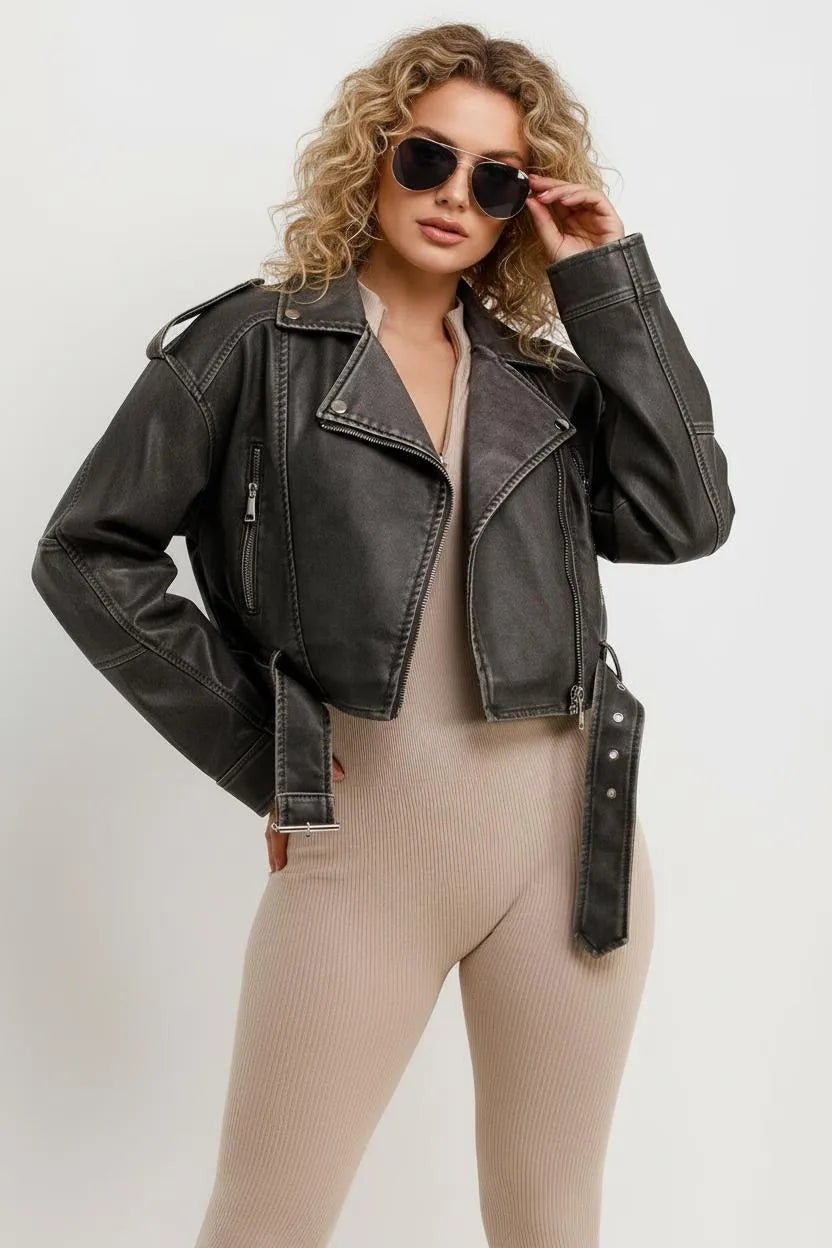 leren Biker Jacket Dames | Cropped Asymmetrische Rits - Miss Madera