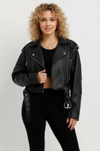 leren Biker Jacket Dames | Cropped Buckle Details - Miss Madera
