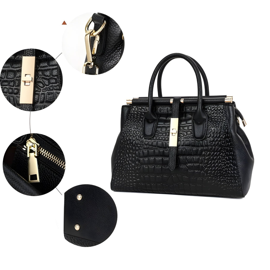 Leren Handtas Dames | Krokodil Textuur Gouden Gesp - Miss Madera