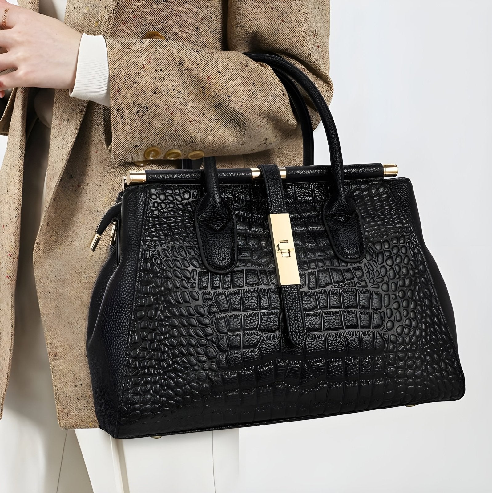 Leren Handtas Dames | Krokodil Textuur Gouden Gesp - Miss Madera
