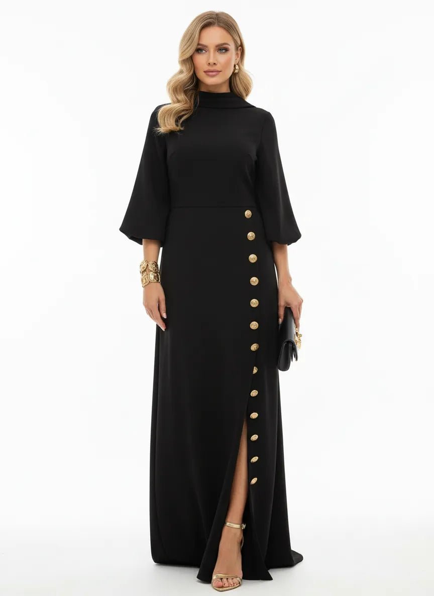Maxi Jurk Dames | Getailleerd Goudknopen Hoge Split - Miss Madera