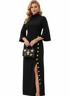 Maxi Jurk Dames | Getailleerd Goudknopen Hoge Split - Miss Madera