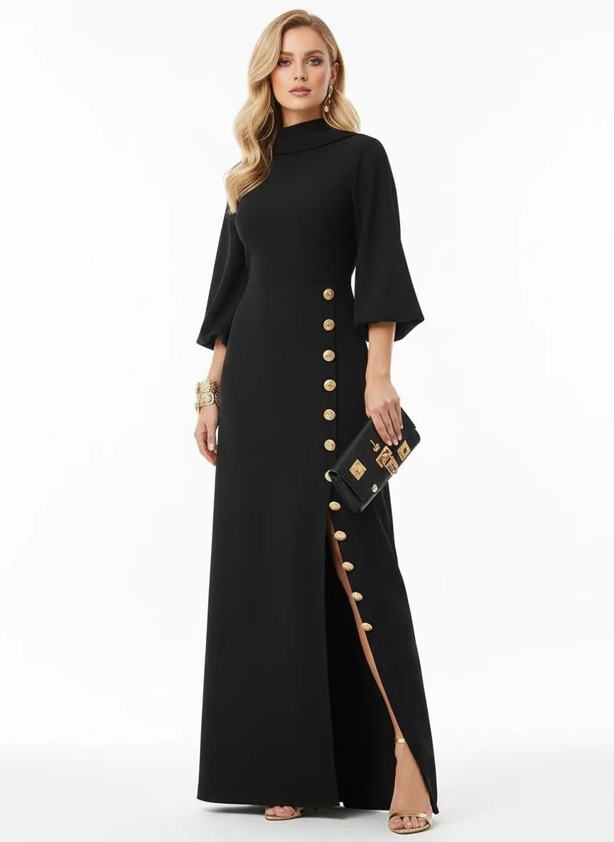 Maxi Jurk Dames | Getailleerd Goudknopen Hoge Split - Miss Madera