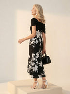 Midi Jurk zwarte - witte bloemenprint - Miss Madera
