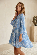 Mini Jurk blauw met witte paisley print - Miss Madera