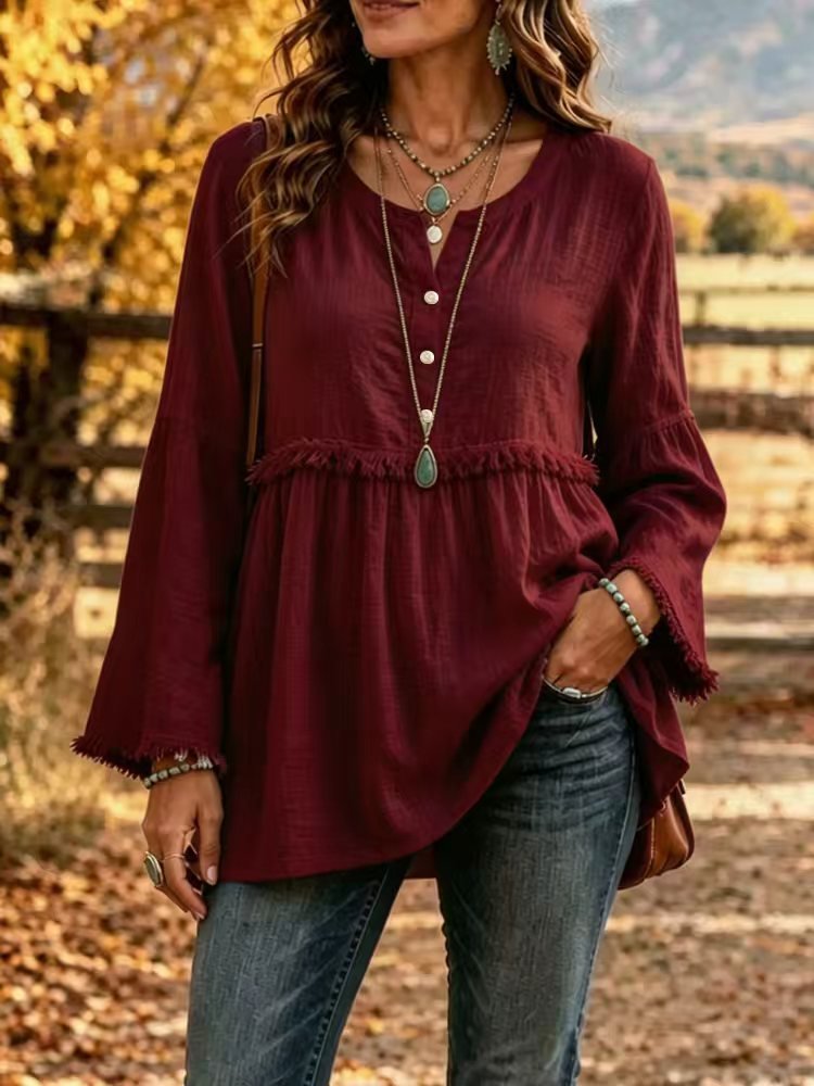 Miss | Blouse Dames Boho Franjes V-hals Klokmouw - Miss Madera MIS-OY50JF