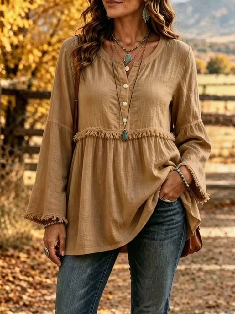 Miss | Blouse Dames Boho Franjes V-hals Klokmouw - Miss Madera MIS-D12ZWI