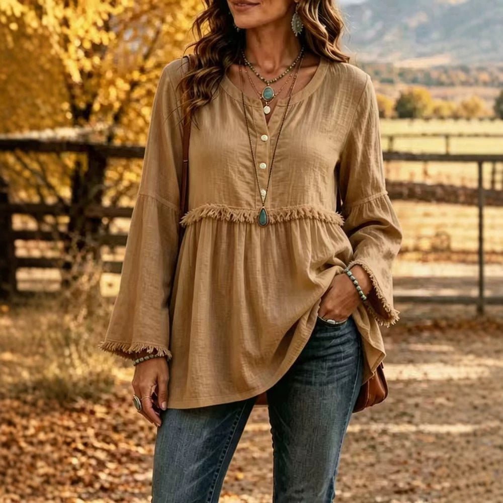 Miss | Blouse Dames Boho Franjes V-hals Klokmouw - Miss Madera MIS-HXLVE3