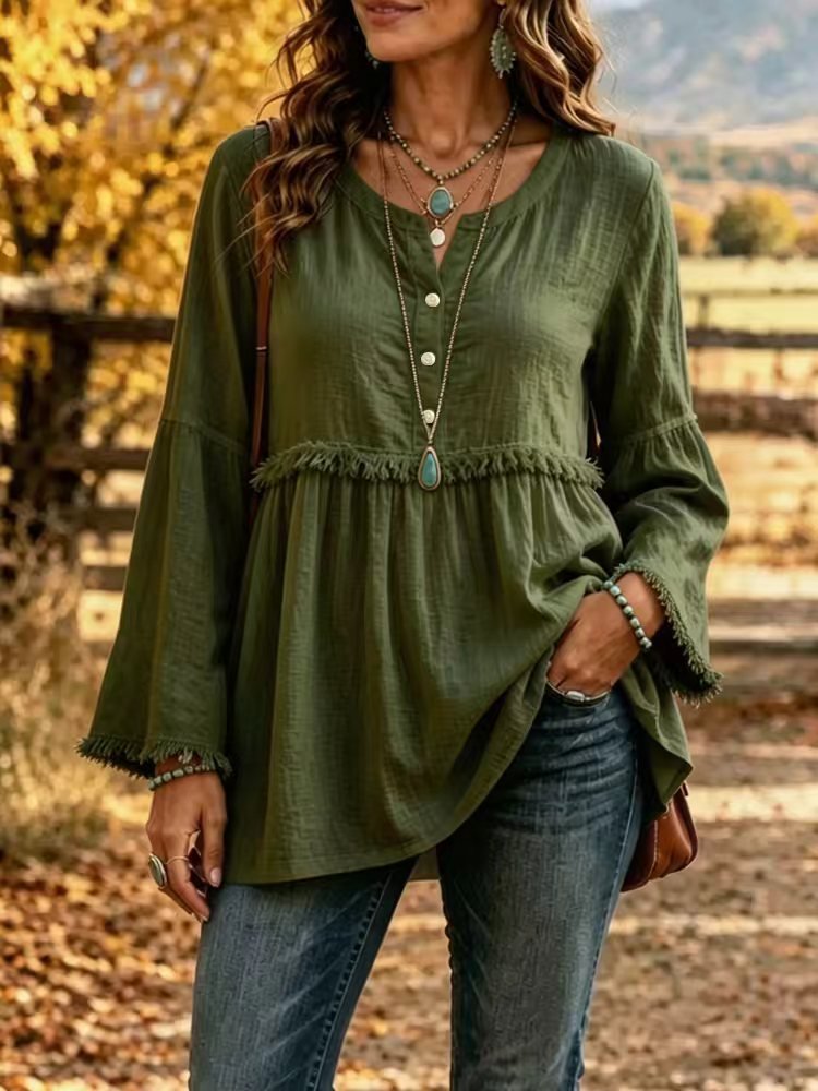 Miss | Blouse Dames Boho Franjes V-hals Klokmouw - Miss Madera MIS-GIYZT4