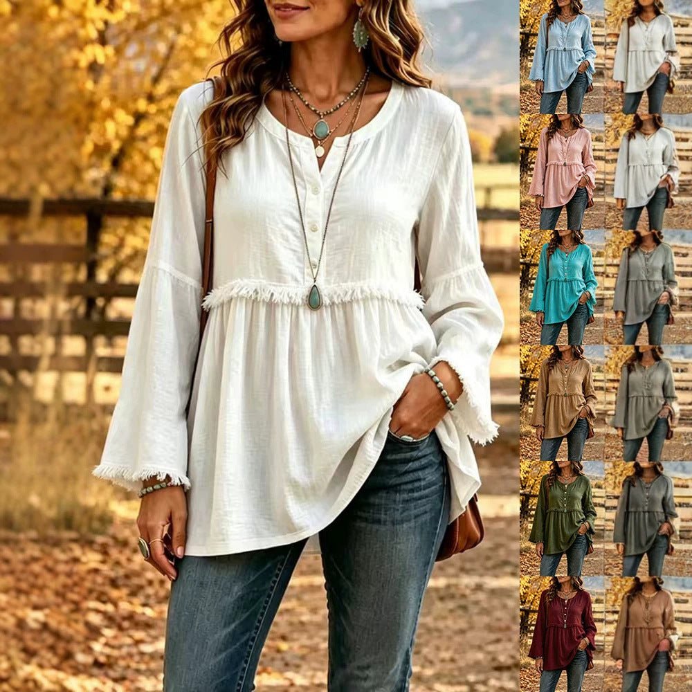 Miss | Blouse Dames Boho Franjes V-hals Klokmouw - Miss Madera MIS-HXLVE3