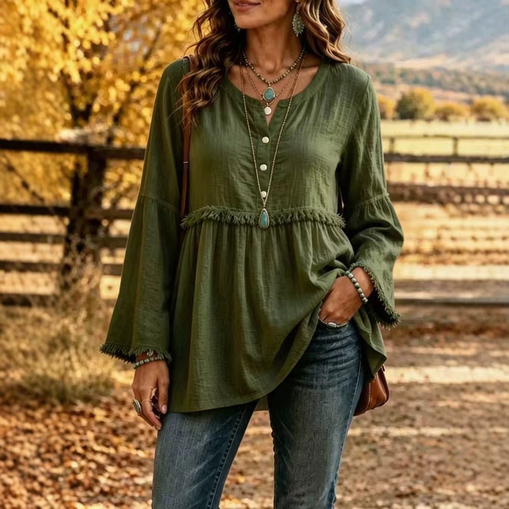 Miss | Blouse Dames Boho Franjes V-hals Klokmouw - Miss Madera MIS-HXLVE3