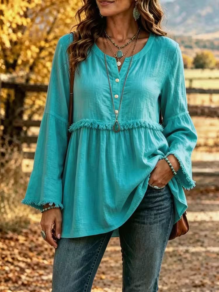Miss | Blouse Dames Boho Franjes V-hals Klokmouw - Miss Madera MIS-HXLVE3