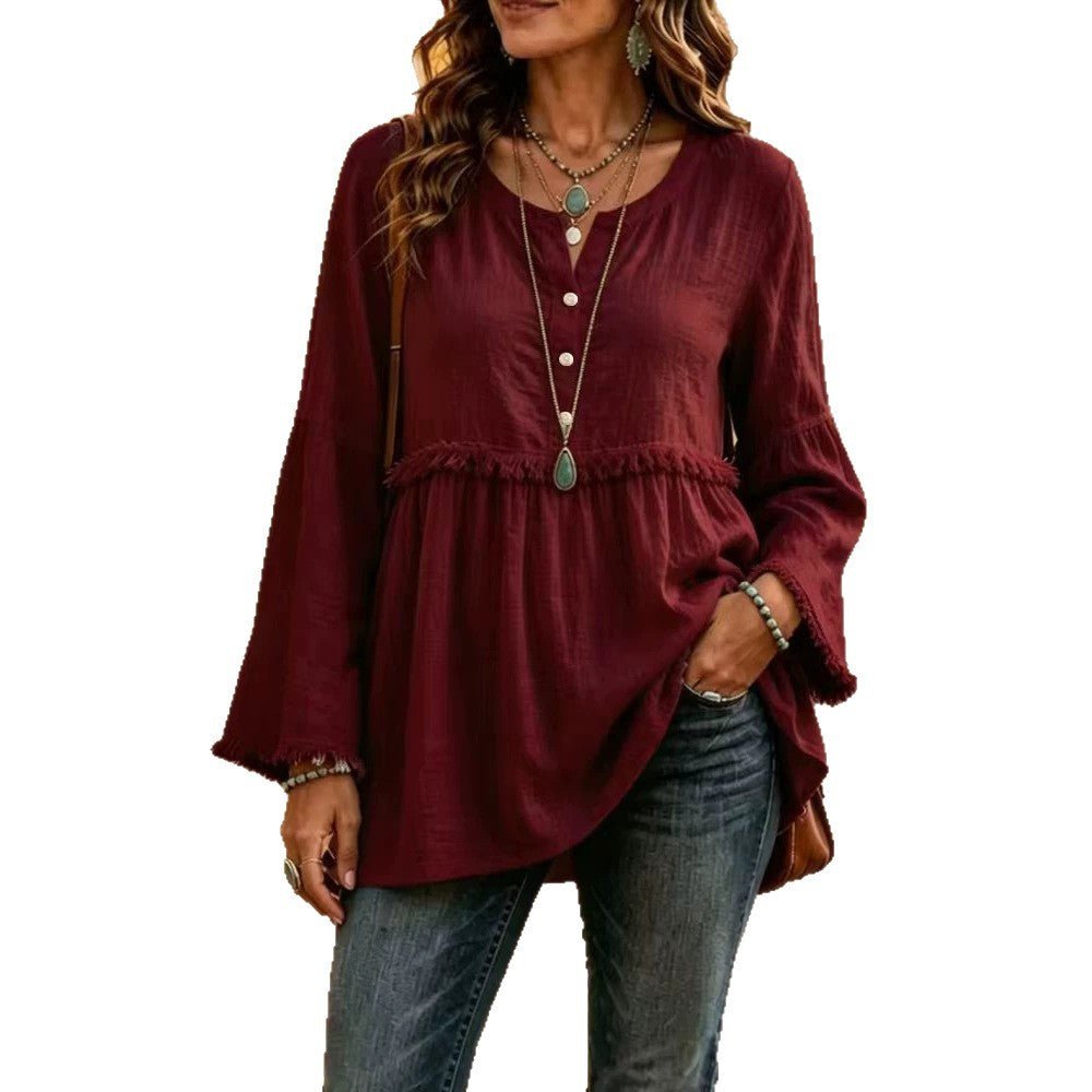 Miss | Blouse Dames Boho Franjes V-hals Klokmouw - Miss Madera MIS-HXLVE3