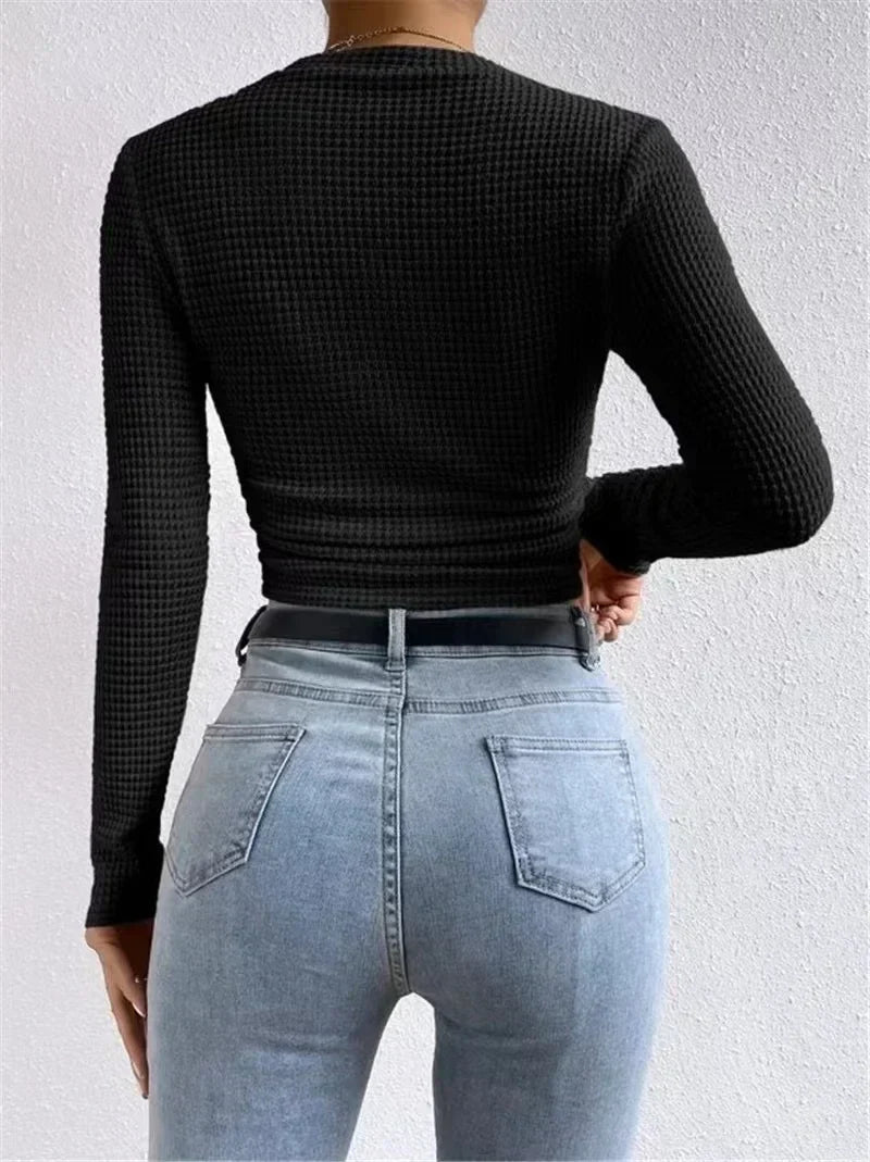 Miss | Blouse Dames Cropped Lange Mouwen Structuur - Polyester - Miss Madera MIS-SJ9CSC