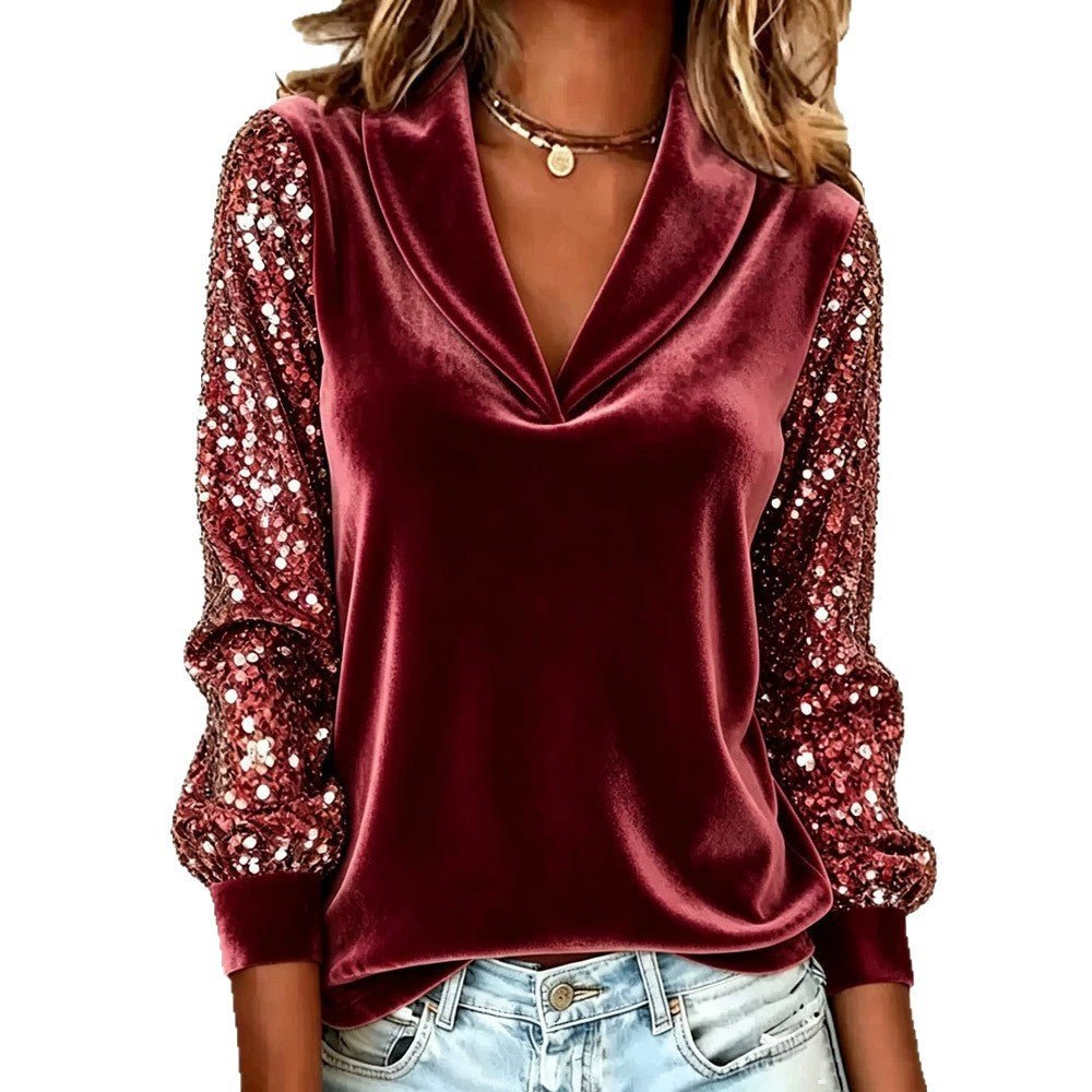 Miss | Blouse Dames Fluweel Pailletten Sjaalkraag - Fluweel - Miss Madera MIS-01WZWK