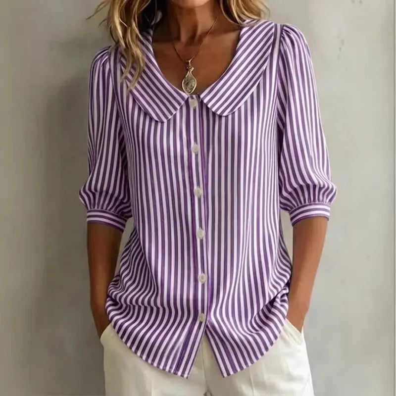 Blouse Dames Gestreept Doorlopende Knoopsluiting Relaxed Fit - Miss Madera MIS-XLSX0S