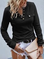 Miss | Blouse Dames Lange Mouw Henley V-hals Borstzak - Katoen - Miss Madera MIS-JL6BXR