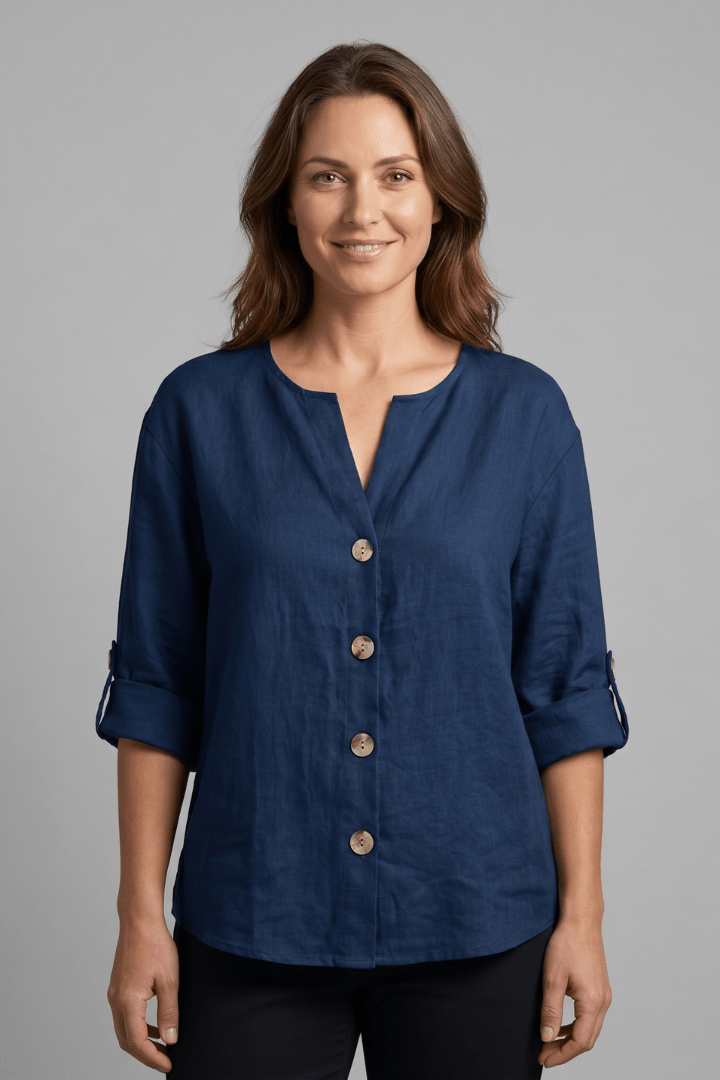 Miss | Blouse Dames Relaxed V-hals Lange Mouw - Katoen-Linnen - Miss Madera MIS-Z60LGK