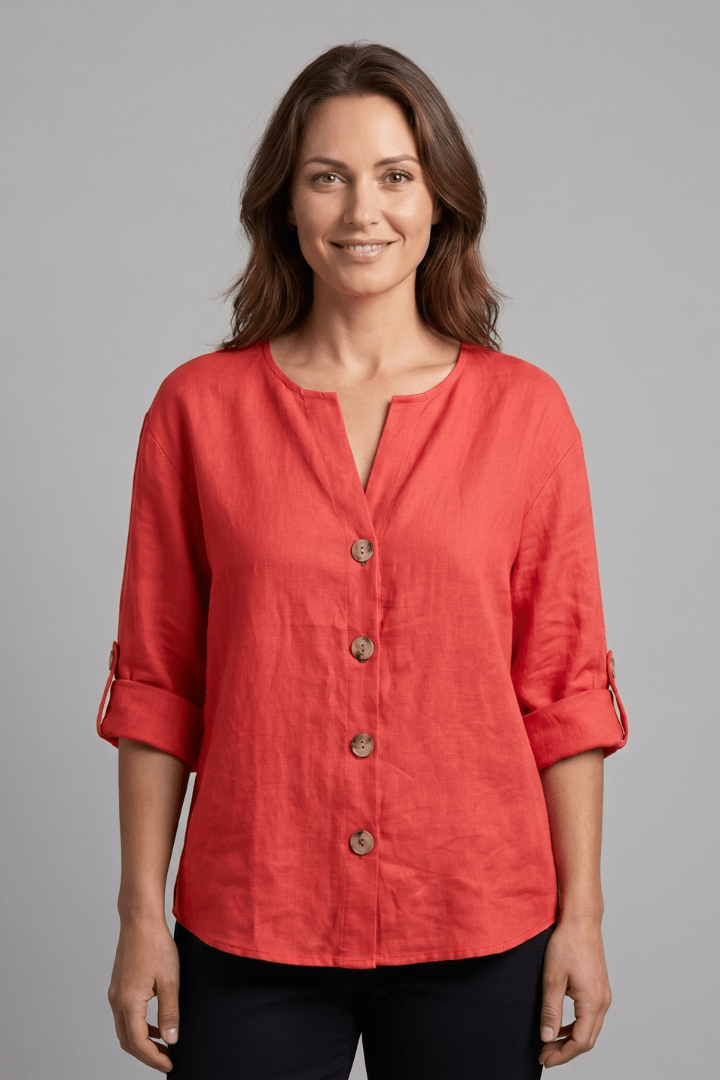 Miss | Blouse Dames Relaxed V-hals Lange Mouw - Katoen-Linnen - Miss Madera MIS-4YI3NH