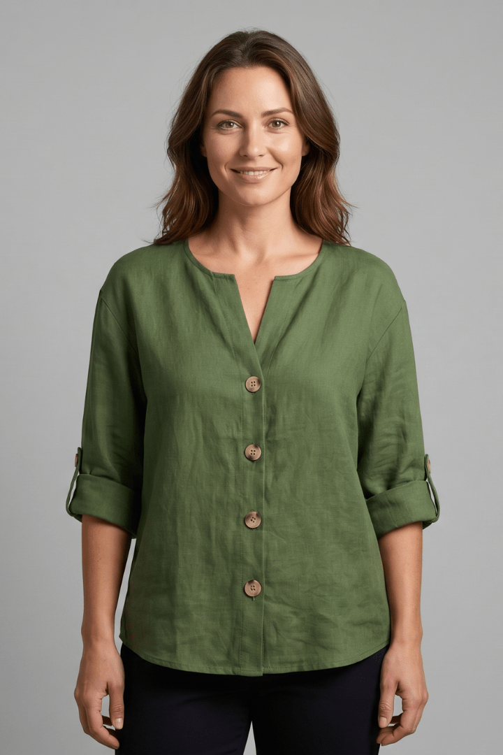 Miss | Blouse Dames Relaxed V-hals Lange Mouw - Katoen-Linnen - Miss Madera MIS-200V52