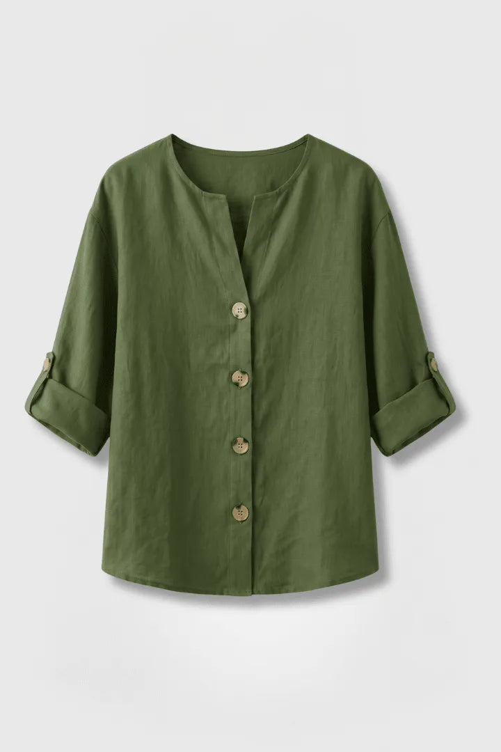 Blouse Dames Relaxed V-hals Lange Mouw - Katoen-Linnen