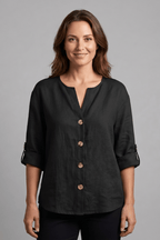 Miss | Blouse Dames Relaxed V-hals Lange Mouw - Katoen-Linnen - Miss Madera MIS-NCMBNT
