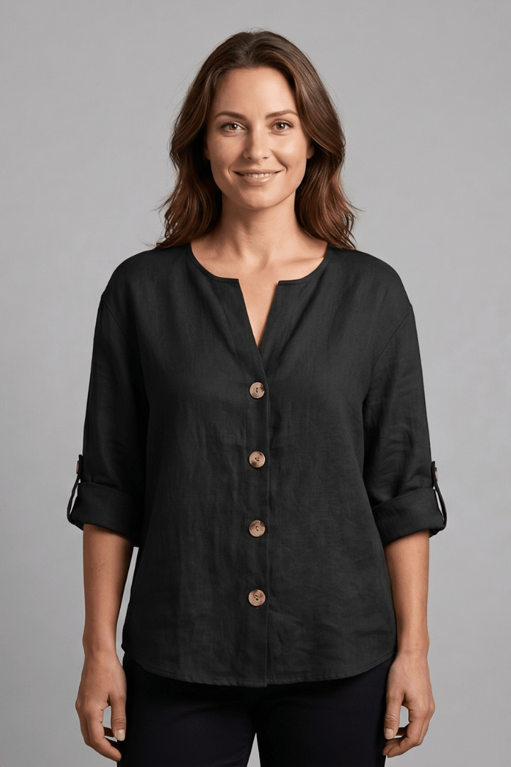 Miss | Blouse Dames Relaxed V-hals Lange Mouw - Katoen-Linnen - Miss Madera MIS-NCMBNT