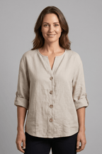 Miss | Blouse Dames Relaxed V-hals Lange Mouw - Katoen-Linnen - Miss Madera MIS-OXCNST