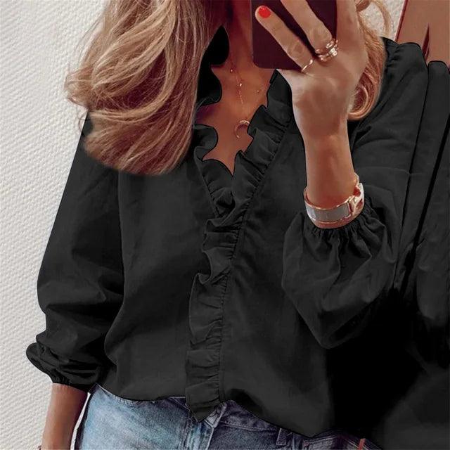 Miss | Blouse Dames V-Hals Driekwart Mouw Ruches - Polyester - Miss Madera MIS-BRE6GN