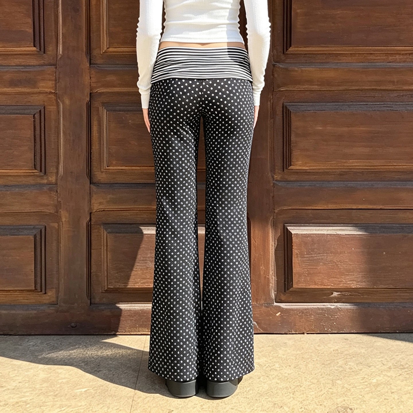 Miss | Broek Dames Marlene Wijde Pijpen Hoge Taille Stippenprint - Jersey - Miss Madera MIS-L02Y3R