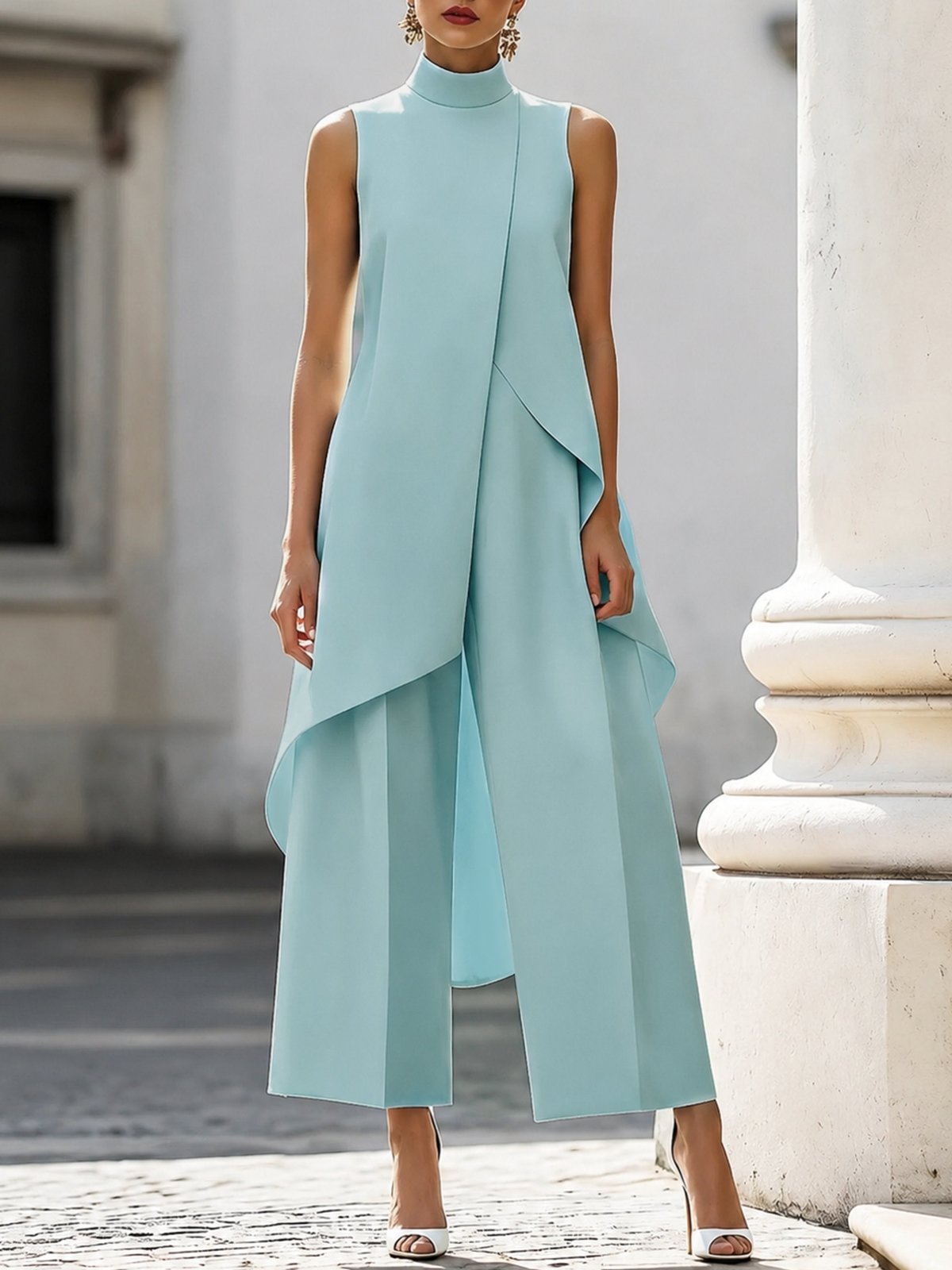 Miss | Co-ord set Dames Hoge Kraag Mouwloos Wijde Pijpen Asymmetrisch - Miss Madera MIS-DDB23A