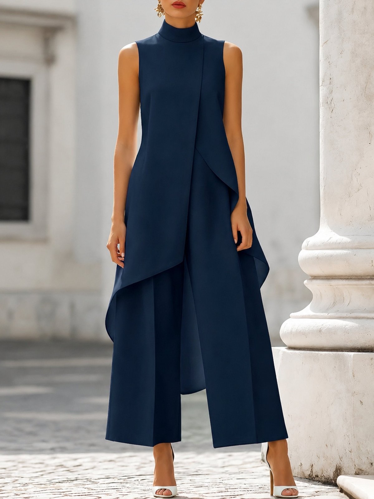 Miss | Co-ord set Dames Hoge Kraag Mouwloos Wijde Pijpen Asymmetrisch - Miss Madera MIS-FAJ3IG