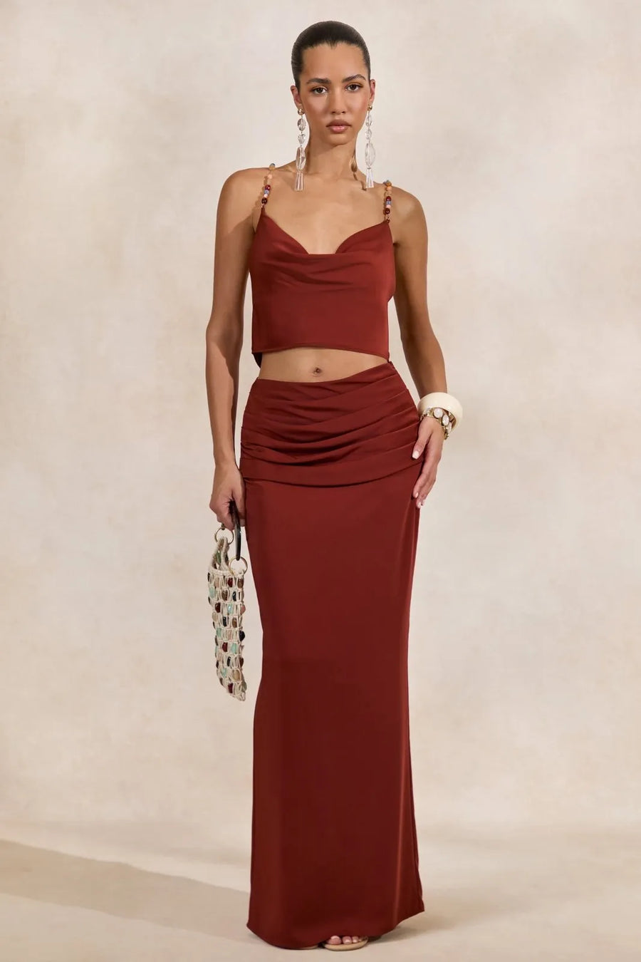 Tweedelige Set Dames Crop Top & Maxi Rok Elegant – Co-ord Set Satijn
