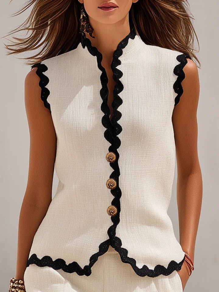 Miss | Co-ord set Dames Mouwloos Knoopsluiting Scallop-rand - Linnen - Miss Madera MIS-M8SB43