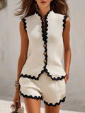 Miss | Co-ord set Dames Mouwloos Knoopsluiting Scallop-rand - Linnen - Miss Madera MIS-I9KSIN