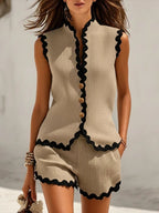 Miss | Co-ord set Dames Mouwloos Knoopsluiting Scallop-rand - Linnen - Miss Madera MIS-M8SB43