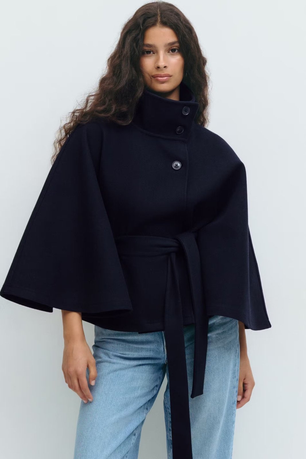 Miss | Jas Dames Cape-stijl Hoge Kraag Strikceintuur - Miss Madera MIS-ZWSYZZ