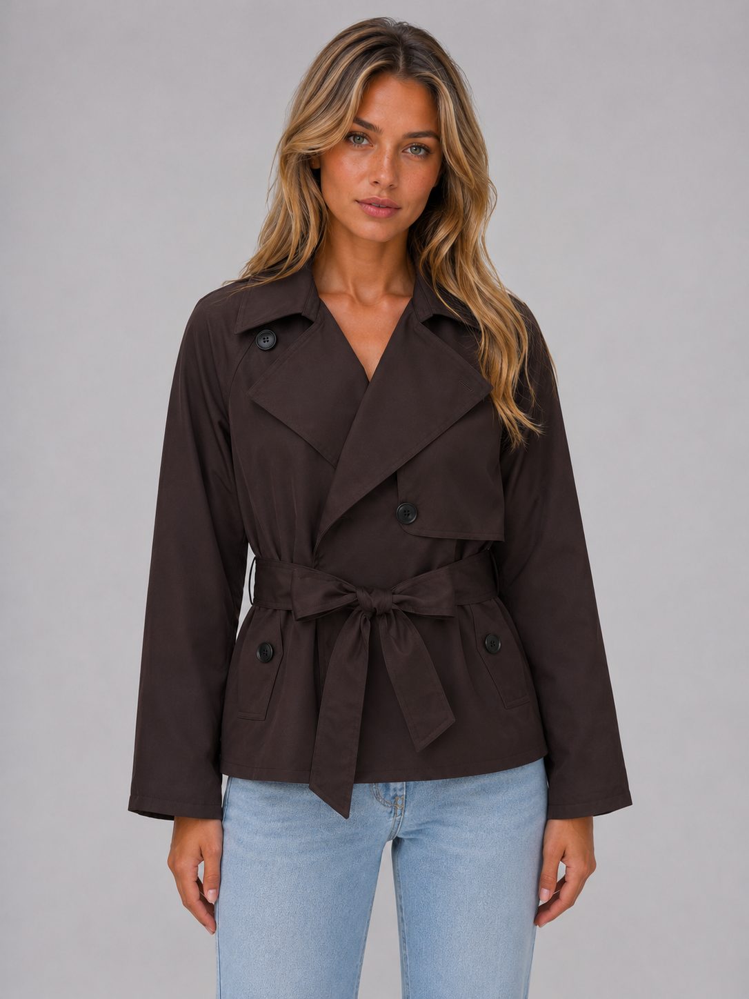Miss | Jas Dames Cropped Dubbele Rij Knopen Strikceintuur - Polyester - Miss Madera MIS-XP9WSG