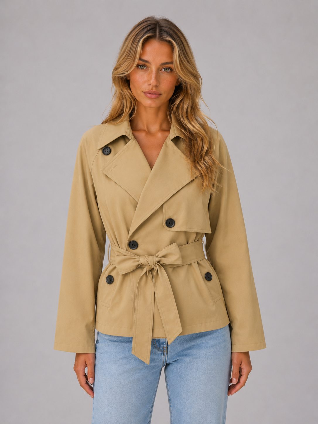 Miss | Jas Dames Cropped Dubbele Rij Knopen Strikceintuur - Polyester - Miss Madera MIS-WXT867