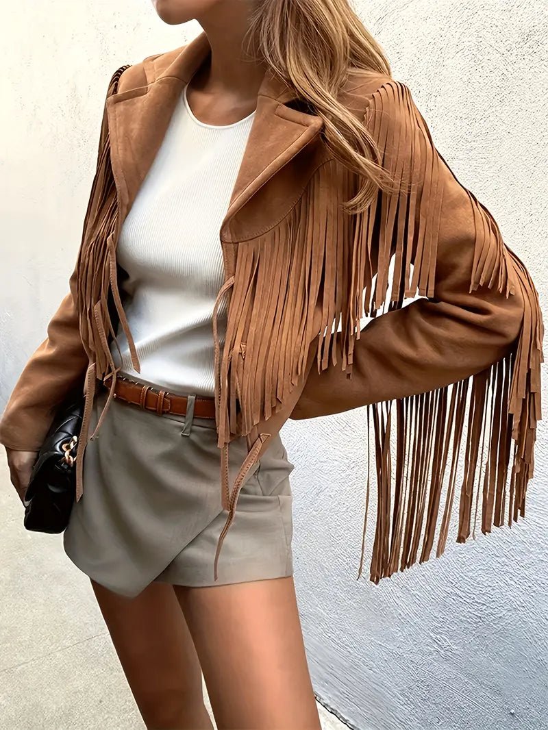 Miss | Jas Dames Cropped Franjes Relaxed Fit - Suède - Miss Madera MIS-GRPPRG