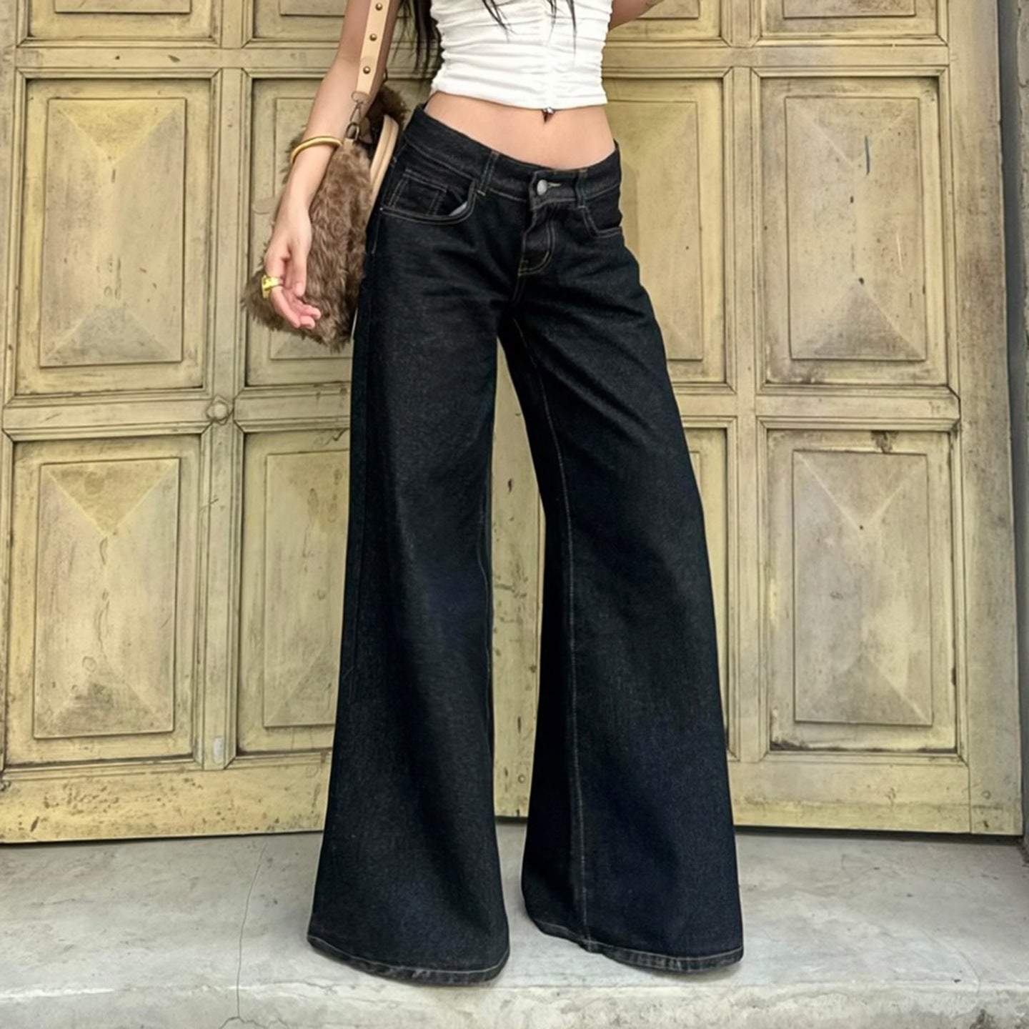 Miss | Jeans Dames Highwaist Wide-Leg Contraststiksels - Denim - Miss Madera MIS-BAONIN