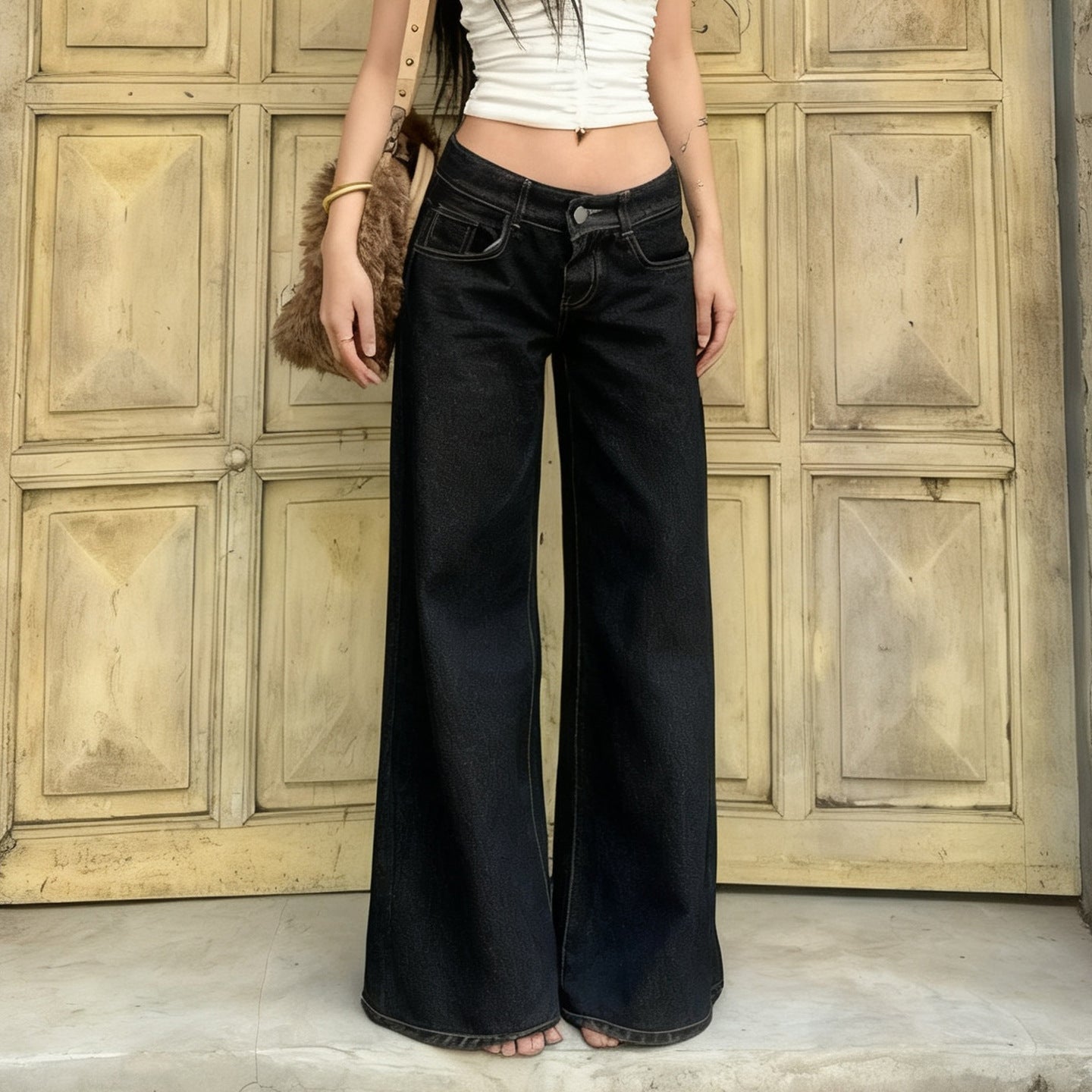 Miss | Jeans Dames Highwaist Wide-Leg Contraststiksels - Denim - Miss Madera MIS-BAONIN