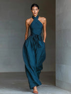 Miss | Jumpsuit Dames Halterhals Wijde Pijpen Strikceintuur - Linnen - Miss Madera MIS-FNNVYX