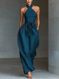 Miss | Jumpsuit Dames Halterhals Wijde Pijpen Strikceintuur - Linnen - Miss Madera MIS-FNNVYX
