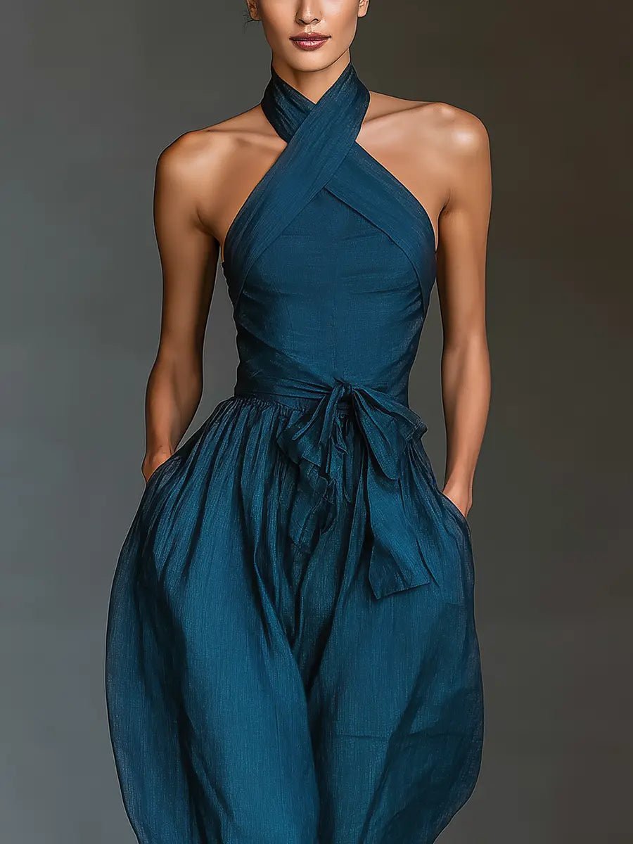 Miss | Jumpsuit Dames Halterhals Wijde Pijpen Strikceintuur - Linnen - Miss Madera MIS-FNNVYX
