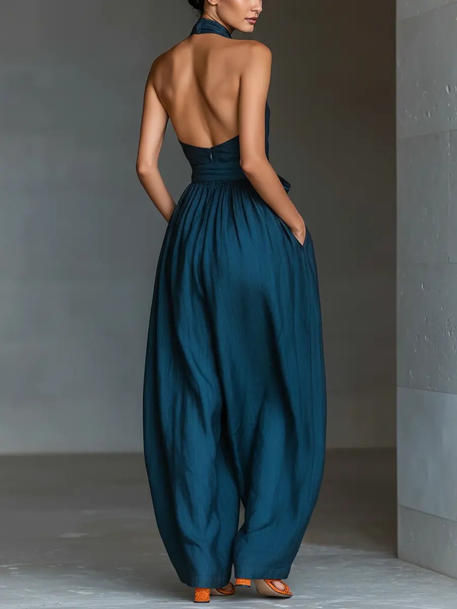 Miss | Jumpsuit Dames Halterhals Wijde Pijpen Strikceintuur - Linnen - Miss Madera MIS-FNNVYX