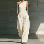 Miss | Jumpsuit Dames One-Shoulder Strikdetail Wijde Pijpen Vloerlang - Miss Madera MIS-RVSZ8C