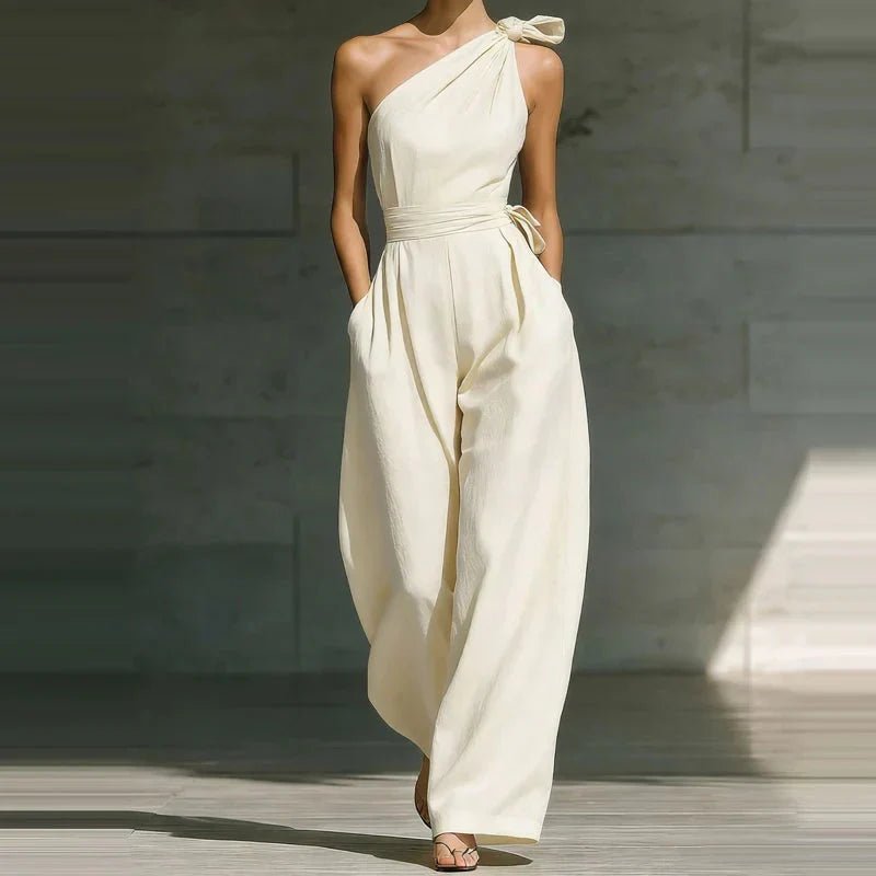 Miss | Jumpsuit Dames One-Shoulder Strikdetail Wijde Pijpen Vloerlang - Miss Madera MIS-RVSZ8C