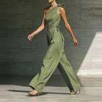 Miss | Jumpsuit Dames One-Shoulder Strikdetail Wijde Pijpen Vloerlang - Miss Madera MIS-1FBNSF