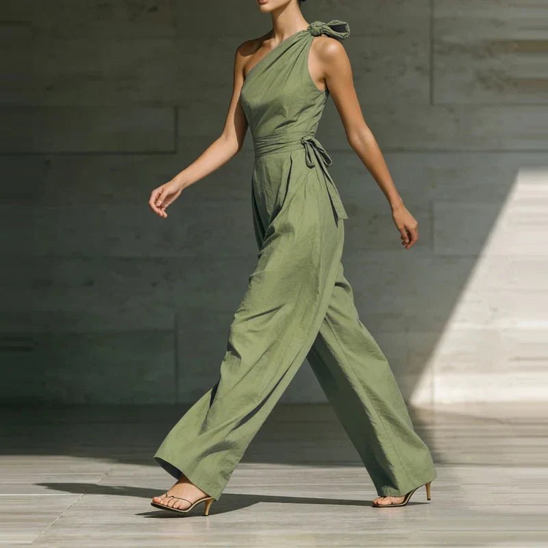 Miss | Jumpsuit Dames One-Shoulder Strikdetail Wijde Pijpen Vloerlang - Miss Madera MIS-1FBNSF